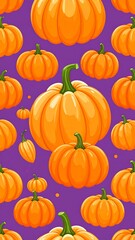 Orange pumpkins on a purple background in a repeating pattern