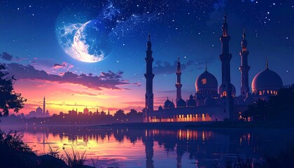 Fototapeta premium Mystical mosque at twilight reflected in water