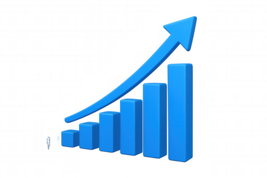 3d rendering of growing blue graph bars with an upward arrow, representing increasing profits, on a transparent background - Powered by Adobe