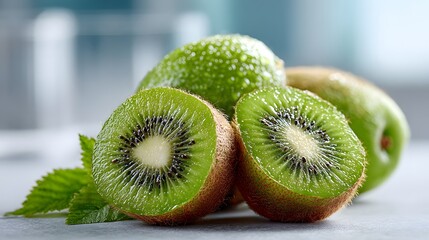 Bright and clean photograph of several fresh kiwis, some whole and some sliced in half, arranged on a white tabletop with a modern blurred view.