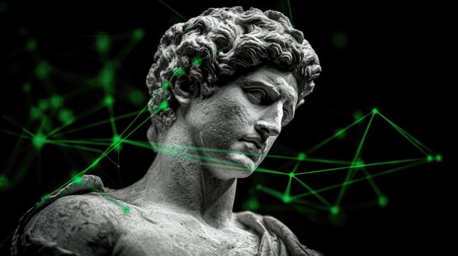 Antique stone bust overlayed with abstract green network