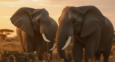 Two African Elephants at Sunset, Wildlife Photography, Nature Scene, Mammal Portrait