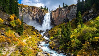 Mountain waterfall in autumn colors