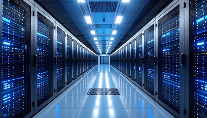 Interior of a data center, showcasing rows of server racks with bright blue lights creating a futuristic and technical aesthetic