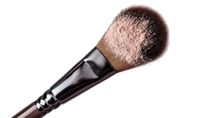 Closeup of a professional makeup brush with powder isolated on transparent background for applying blush and contouring