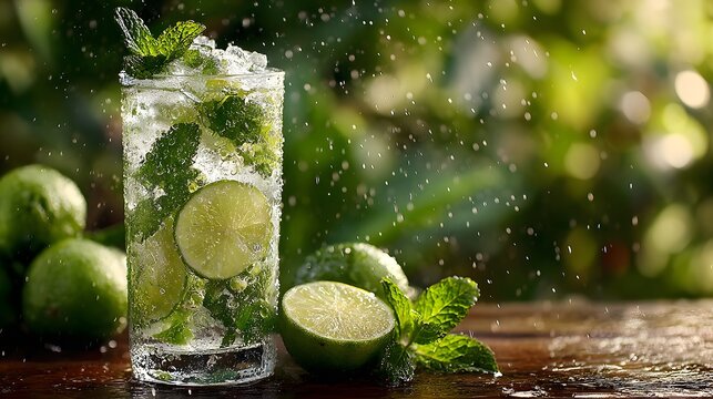 Crystal-clear glass of a mojito, packed with fresh mint leaves and lime slices, glistens with condensation against a lush, sunlit garden backdrop.