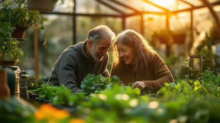 Joyful elderly couple gardening in greenhouse, warm sunlight, positive retirement lifestyle