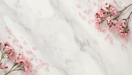 marble surface with scattered pink flower petals and fresh pink blossoms in the corners