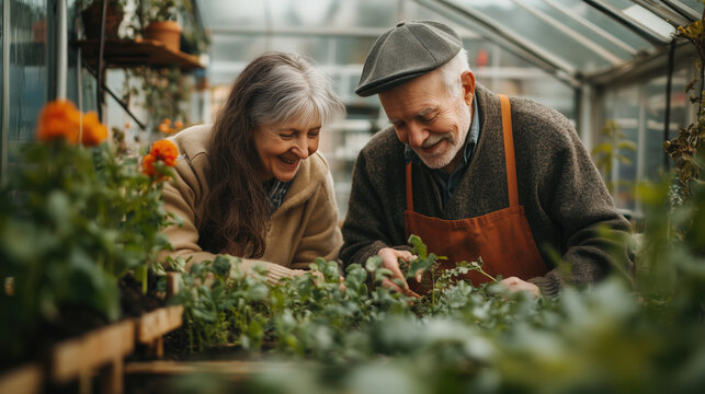 Joyful elderly couple gardening in greenhouse, warm sunlight, positive retirement lifestyle - Powered by Adobe