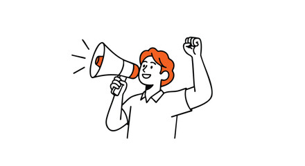 Enthusiastic person announces news with megaphone and raised fist, conveying energy and motivation