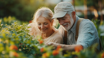 Joyful elderly couple gardening in greenhouse, warm sunlight, positive retirement lifestyle