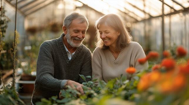 Joyful elderly couple gardening in greenhouse, warm sunlight, positive retirement lifestyle
