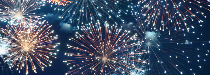 Banner blue gold Firework celebrate anniversary happy new year 2025, 4th of july holiday festival. Banner blue firework night national holiday. Countdown new year 2026 festival with copy space