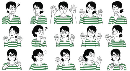 Expressive person with glasses shows various gestures and emotions in a clean, modern illustration set