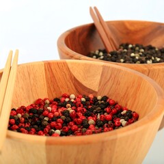 Wooden bowls filled with mixed peppercorns