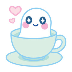 Cute Kawaii Halloween Ghost in Cup on Plate with Cute Hearts Vector Illustration – Adorable Spooky Cartoon Character Design