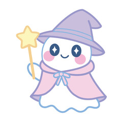 Cute Kawaii Halloween Ghost in Witch Dress with Star Stick Vector Illustration – Adorable Spooky Cartoon Character Design