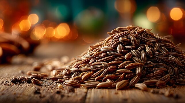 Hyper-realistic macro view of aromatic cumin seeds piled on a warm, textured wooden surface. The background is a softly blurred, cozy kitchen.