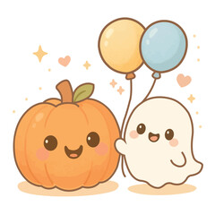 Cute Kawaii Halloween Ghost with Balloons and Pumpkin Vector Illustration – Adorable Spooky Cartoon Character Design