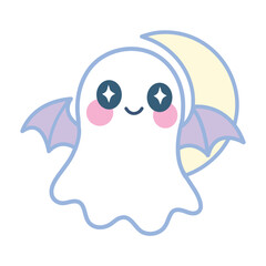 Cute Kawaii Halloween Ghost with Bat Wings and Half Moon Vector Illustration – Adorable Spooky Cartoon Character Design