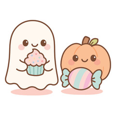 Fototapeta premium Cute Kawaii Halloween Ghost with Cupcake and Pumpkin with Candy Vector Illustration – Adorable Spooky Cartoon Character Design