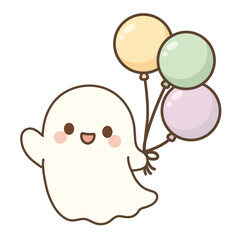 Cute Kawaii Halloween Ghost with Cute Balloons Vector Illustration – Adorable Spooky Cartoon Character Design