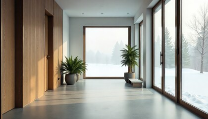 Obraz premium Bright hallway with large windows overlooking a snowy landscape and potted plants inside the home