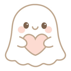 Cute Kawaii Halloween Ghost with Pink Heart Vector Illustration – Adorable Spooky Cartoon Character Design