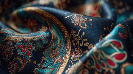 Close-up of a rich, dark navy blue fabric with a paisley pattern in gold, teal, and red