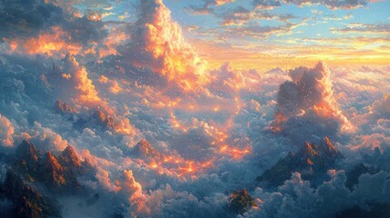 Golden sunset above a sea of clouds and mountains.