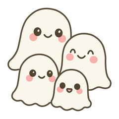 Four Cute Kawaii Halloween Ghosts Vector Illustration – Adorable Spooky Cartoon Characters Design