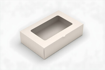 Rectangular beige cardboard box with clear window lid on white background packaging