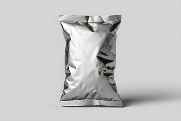 Silver foil snack bag with crimped edges on light gray background food