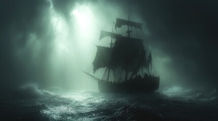 Fototapeta premium Ghost ship sailing in stormy sea at night.