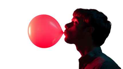 Young man blowing up a red balloon isolated on transparent background, creating a playful and vibrant atmosphere