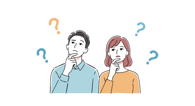 Couple pondering important questions with curious expressions and thought bubbles