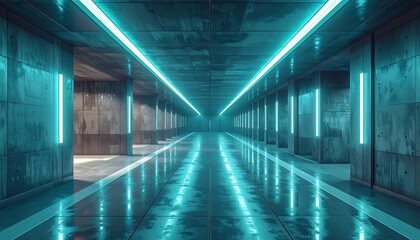 Illuminated futuristic corridor with neon lights and reflective floor