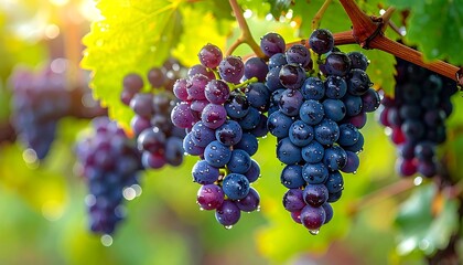 Naklejka premium Clusters of ripe, dark purple grapes hanging from vines