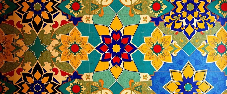 Intricate geometric patterns in vibrant colors, characteristic of Alhambra palace tilework, geometric, culture