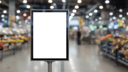 Mock up blank price board poster sign display with supermarket aisle abstract background