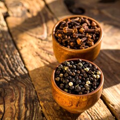 Wooden bowls of spices on rustic wood