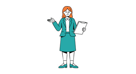 Confident businesswoman presenting with clipboard in professional office attire, ready to share insights.