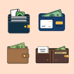 Set of Wallet Icons with Money, Cards, and Passport