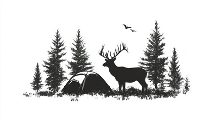 Forest camping scene with deer. Silhouettes of a deer, tent, and trees in a tranquil woodland setting.