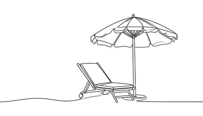Continuous line drawing of a beach chair and umbrella