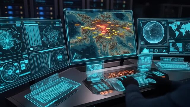 Futuristic global network monitoring center, digital data analysis and strategic command - Powered by Adobe