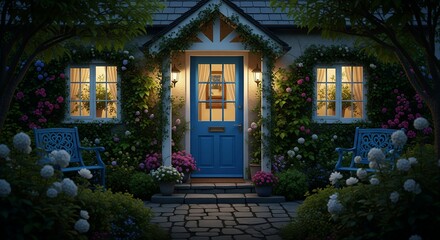 Fototapeta premium Cozy Cottage Entrance at Night, Blue Door, Flower Garden, Home Exterior, Evening Ambiance