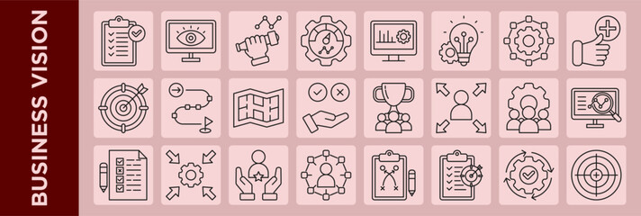 Modern line icon set on a soft background planning, vision, goal, tactic and analysis for business vision concepts.	
