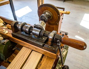 Fototapeta premium Antique woodworking lathe with wooden handle, surrounded by sawdust and wood pieces