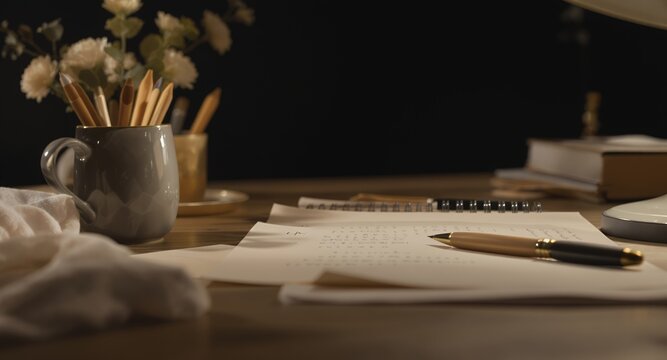 Creative Workspace with Pen and Paper, Desk Still Life Photography, Cozy Writing Scene